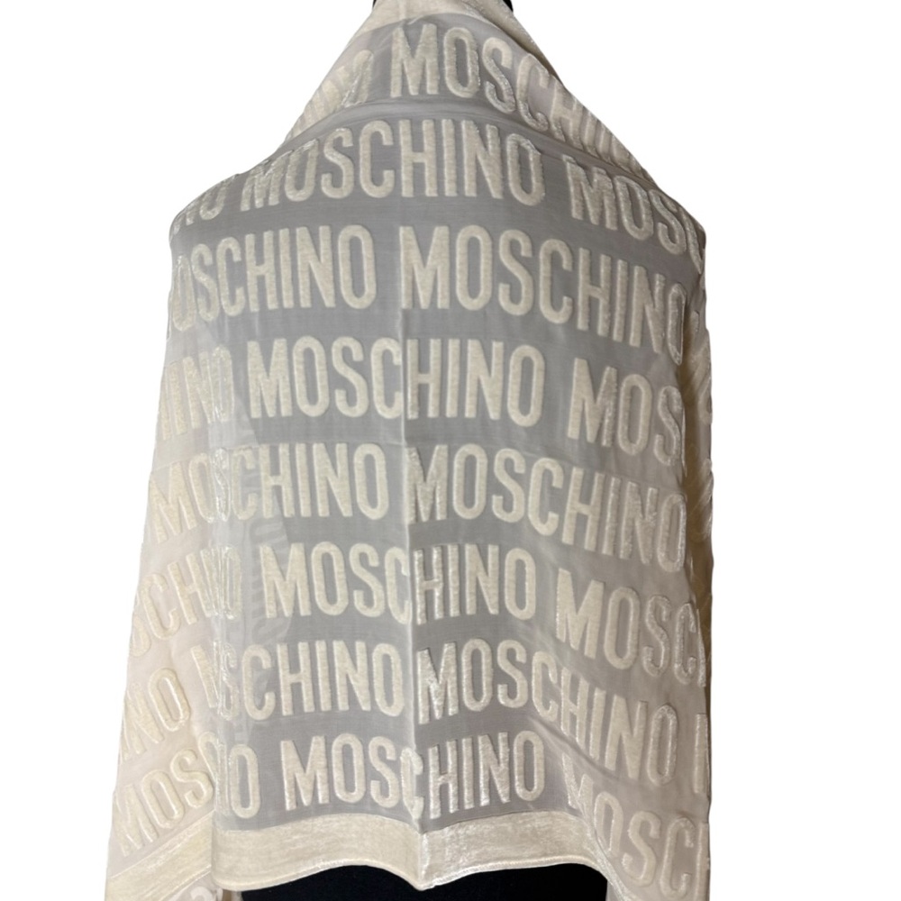 MOSCHINO New Crushed Velvet Silk Rectangle Scarf Shawl Wrap Cream Logo Monogram